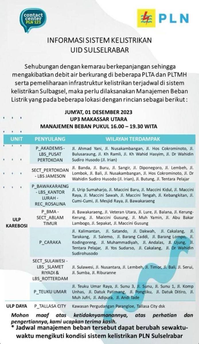 Informasi pemadaman listrik di Makassar. (Instagram/pln_makassar_utara)