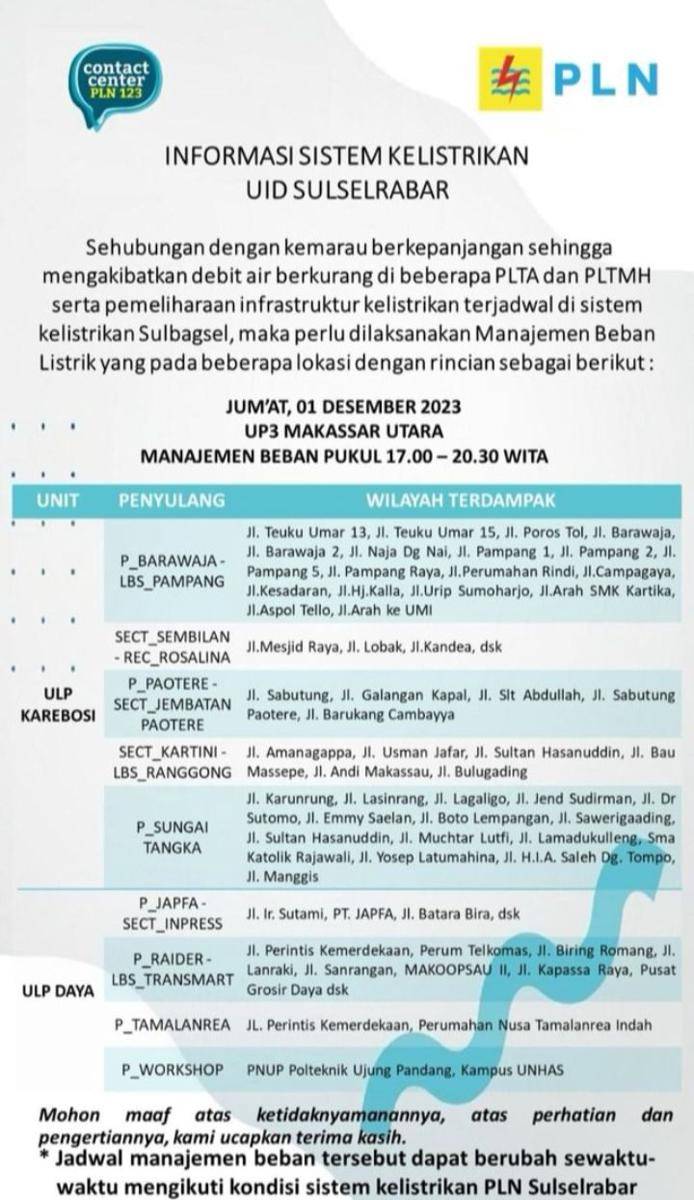 Informasi pemadaman listrik di Makassar. (Instagram/pln_makassar_utara)