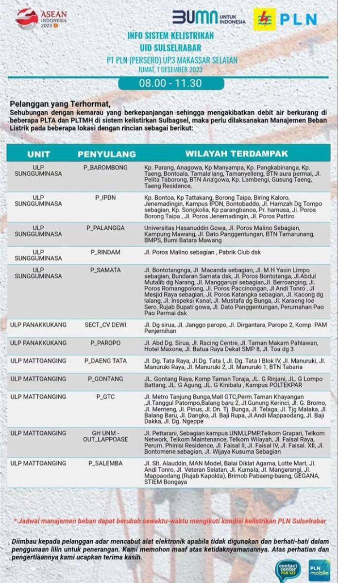 Informasi pemadaman listrik di Makassar. (Instagram/plnmakassarselatan)