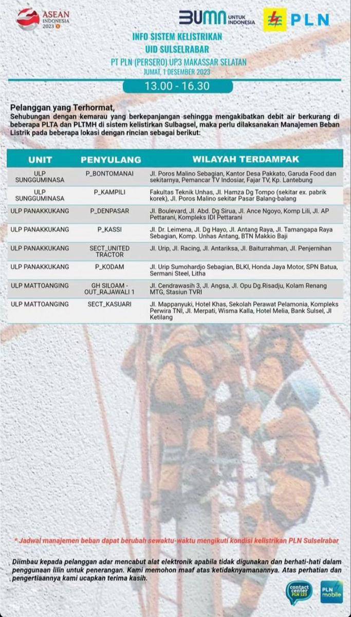 Informasi pemadaman listrik di Makassar. (Instagram/plnmakassarselatan)