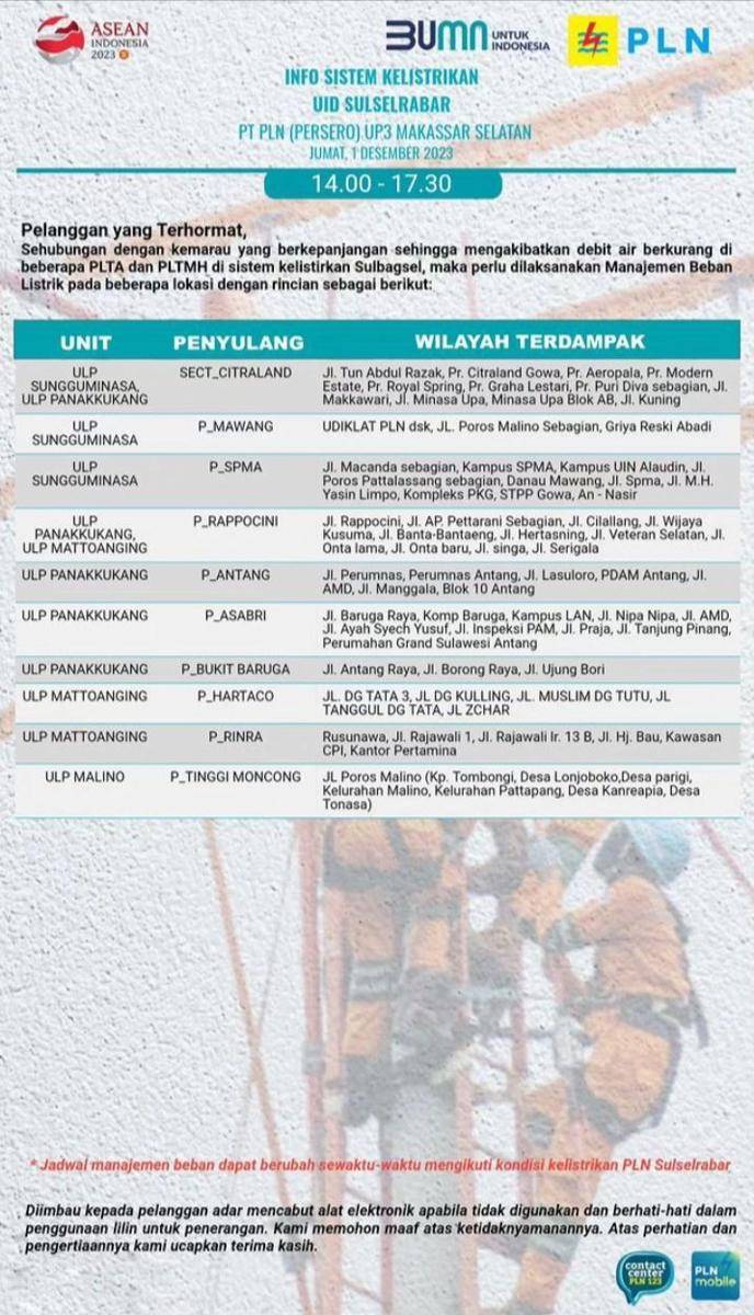 Informasi pemadaman listrik di Makassar. (Instagram/plnmakassarselatan)