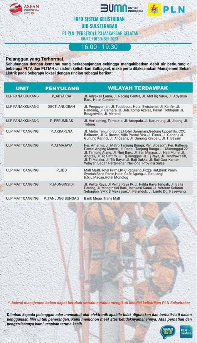 Informasi pemadaman listrik di Makassar. (Instagram/plnmakassarselatan)