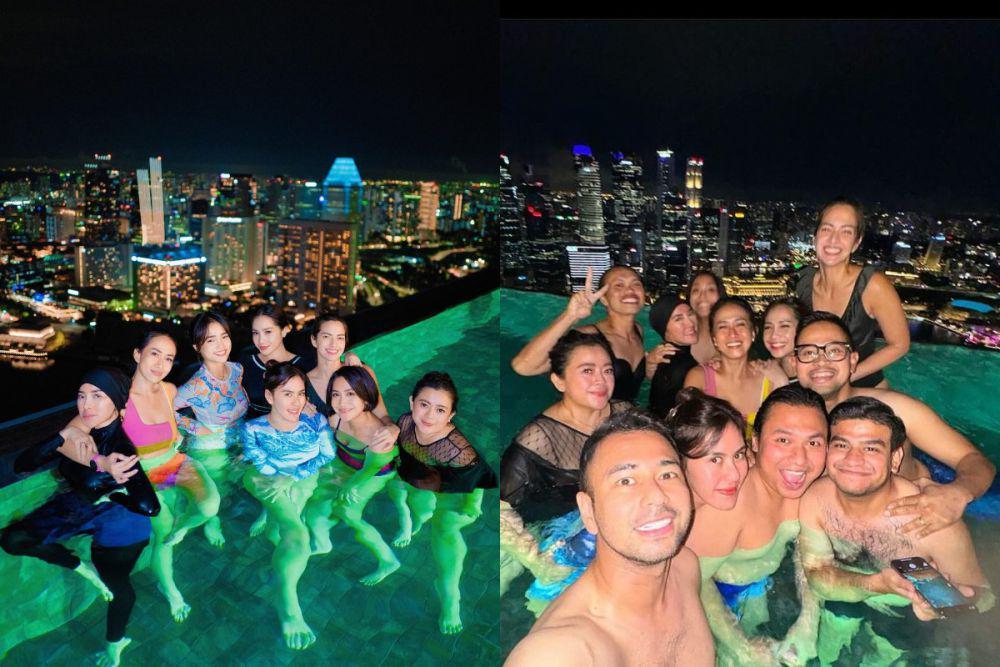 7 Potret Nagita Slavina Berenang Malam di Marina Bay Sand Singapura