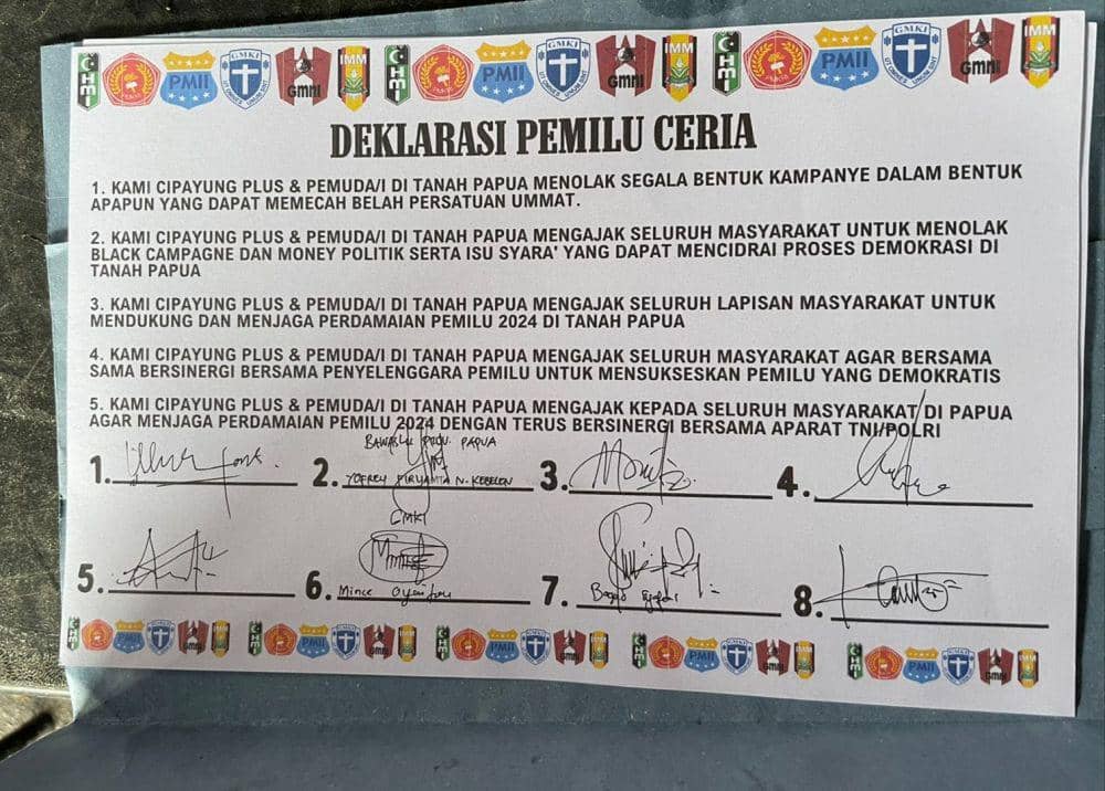 Lima poin komitmen dalam deklarasi Pemilu Ceria oleh kelompok Cipayung Plus bersama Badan Eksekutif Mahasiswa (BEM) se-Kota Jayapura, Jumat (1/12/2023). (IDN Times/Istimewa)