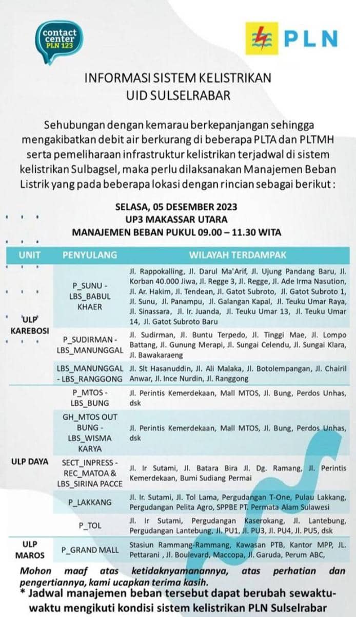 Informasi pemadaman listrik di Makassar. (Instagram/pln_makassar_utara)