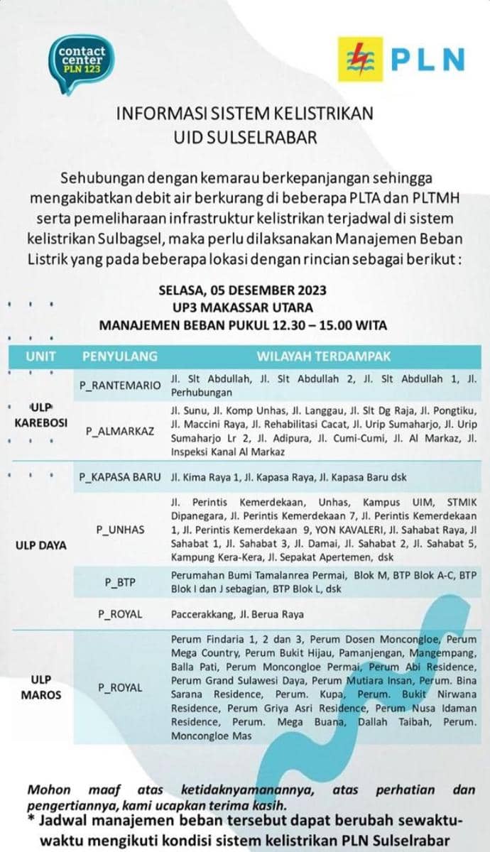 Informasi pemadaman listrik di Makassar. (Instagram/pln_makassar_utara)