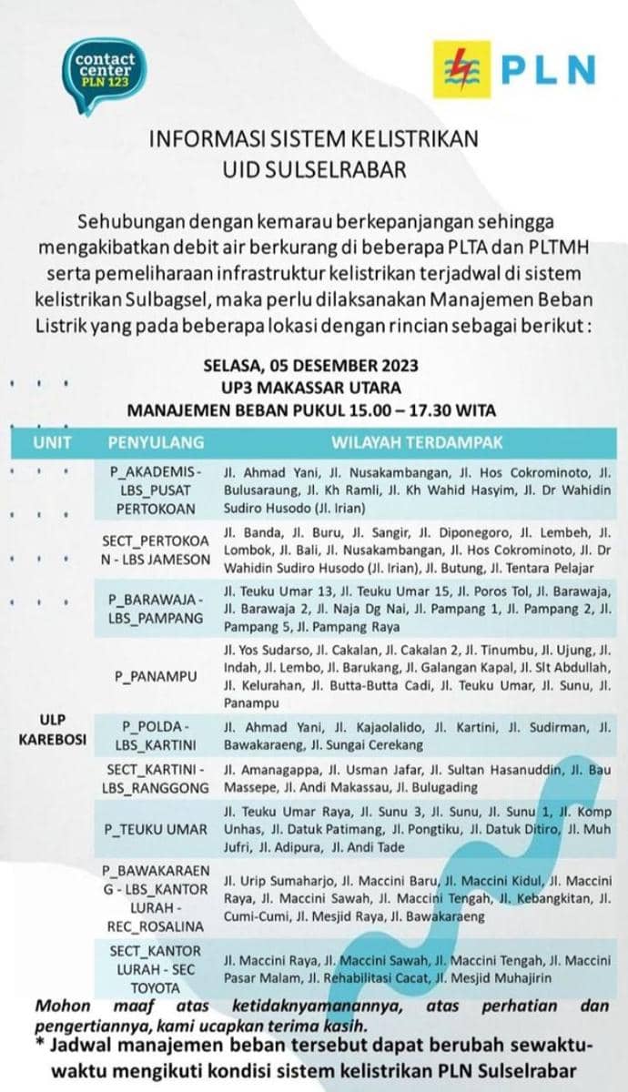 Informasi pemadaman listrik di Makassar. (Instagram/pln_makassar_utara)