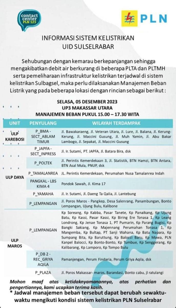 Informasi pemadaman listrik di Makassar. (Instagram/pln_makassar_utara)