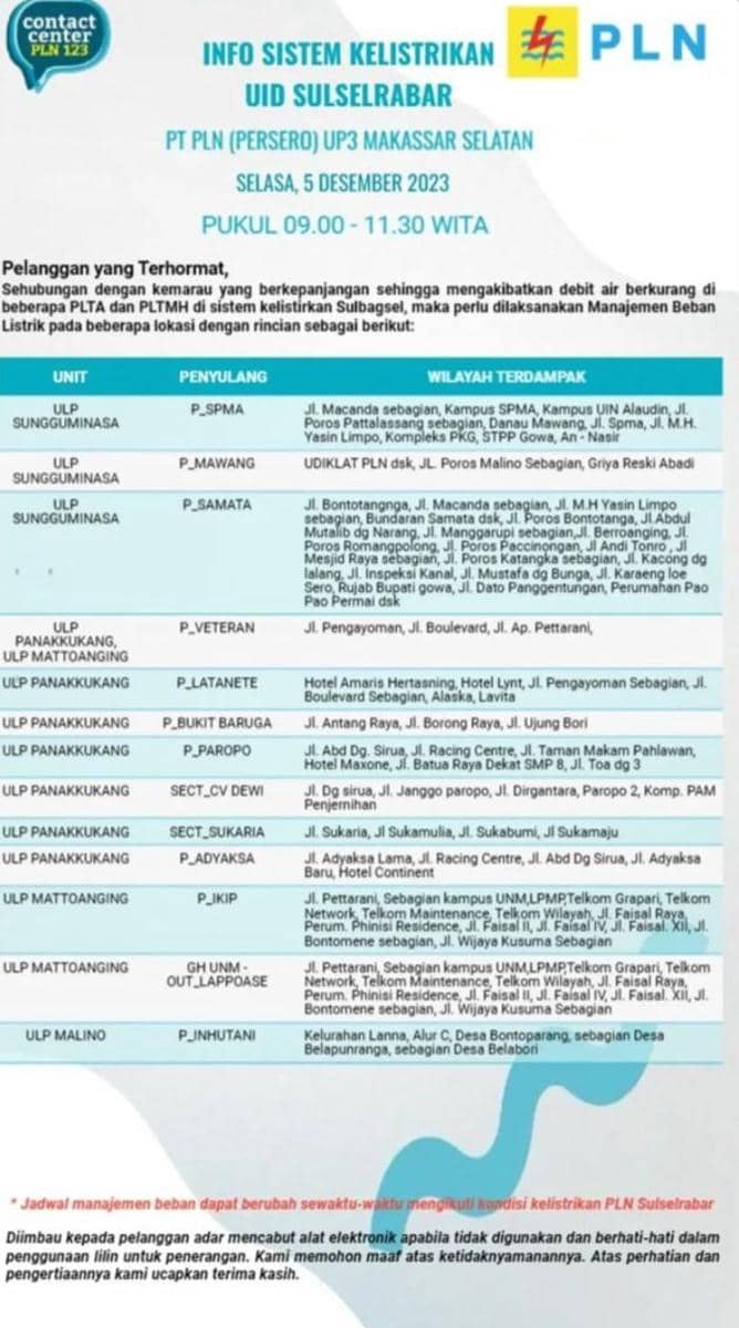 Informasi pemadaman listrik di Makassar. (Instagram/plnmakassarselatan)