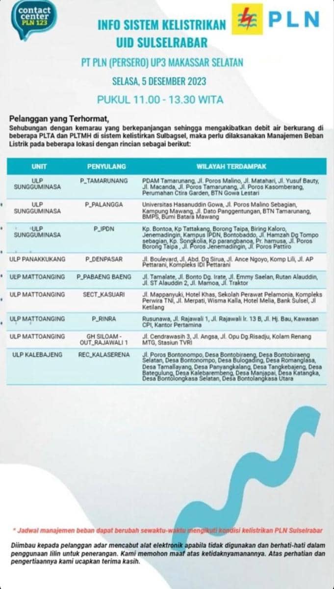 Informasi pemadaman listrik di Makassar. (Instagram/plnmakassarselatan)