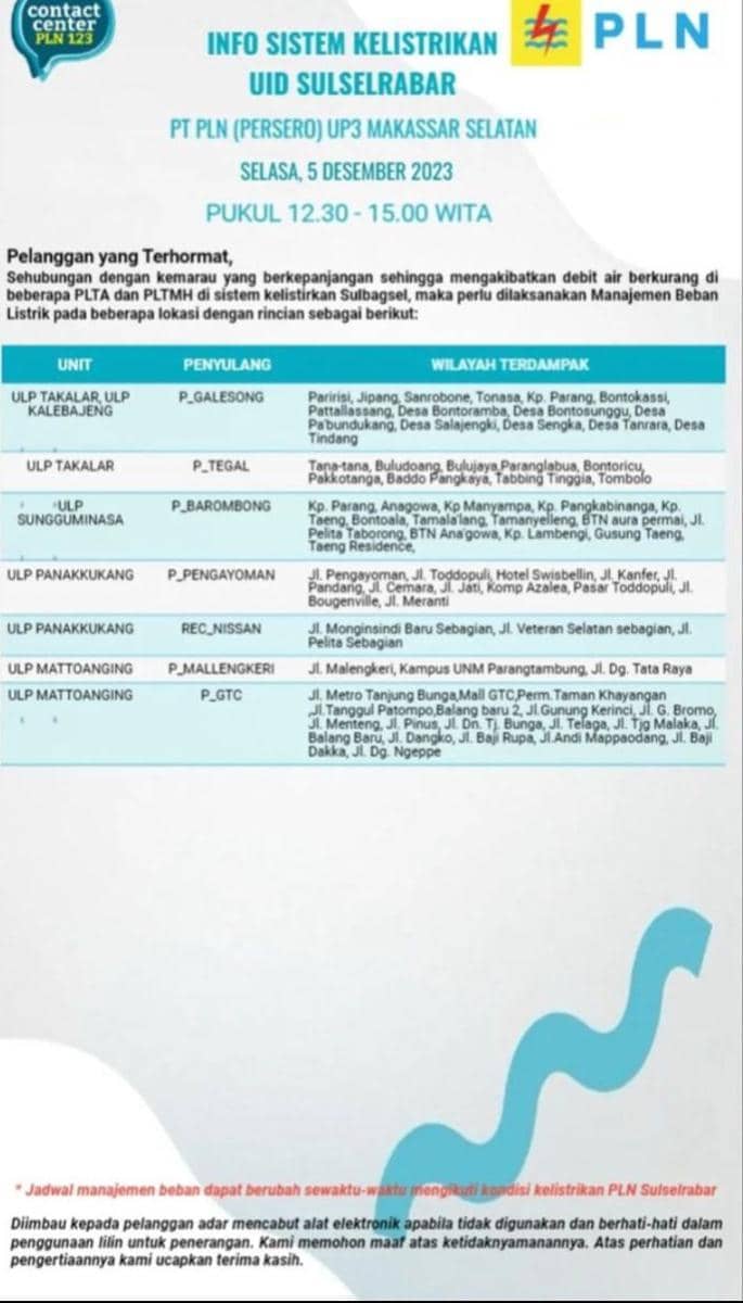 Informasi pemadaman listrik di Makassar. (Instagram/plnmakassarselatan)