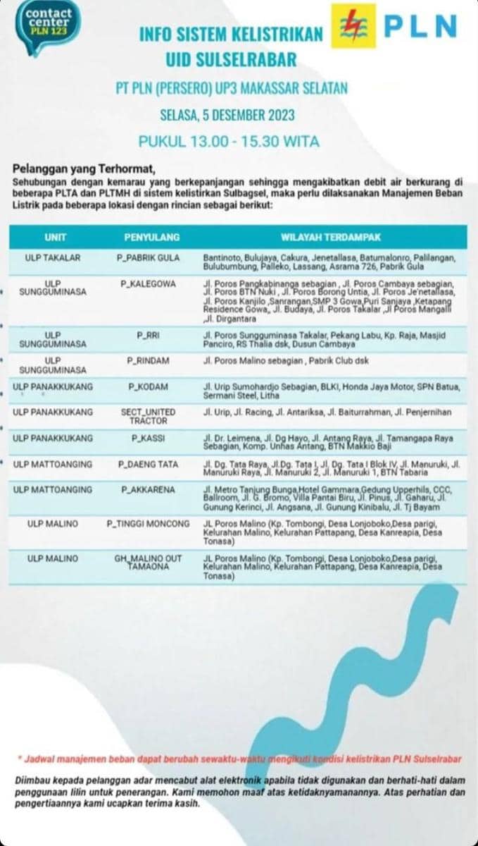 Informasi pemadaman listrik di Makassar. (Instagram/plnmakassarselatan)