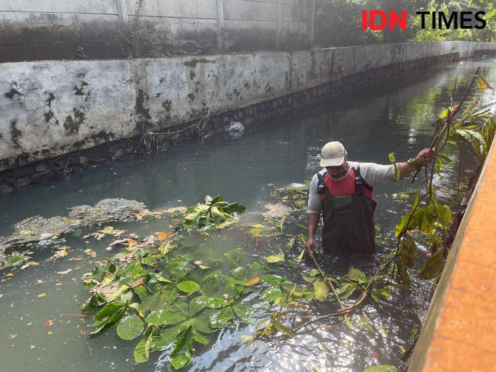 Petugas membersihkan sungai dari sampah di di Sungai Krobokan Semarang. (IDN Times/Anggun Puspitoningrum)