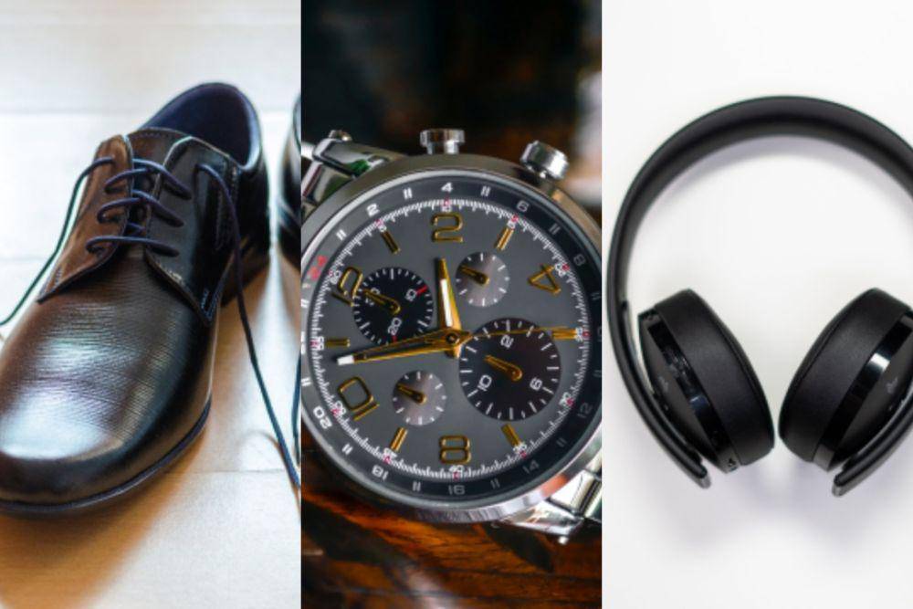 ilustrasi sepatu, jam tangan, dan headphones (pexels.com/Lukas | pexels.com/Fernando Arcos | pexels.com/cottonbro studio)