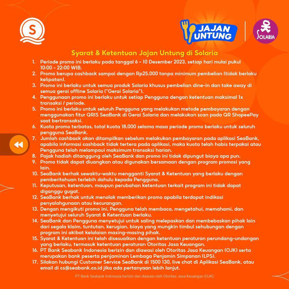 Promo Solaria cashback 100% via Seabank (instagram.com/seabank.id)