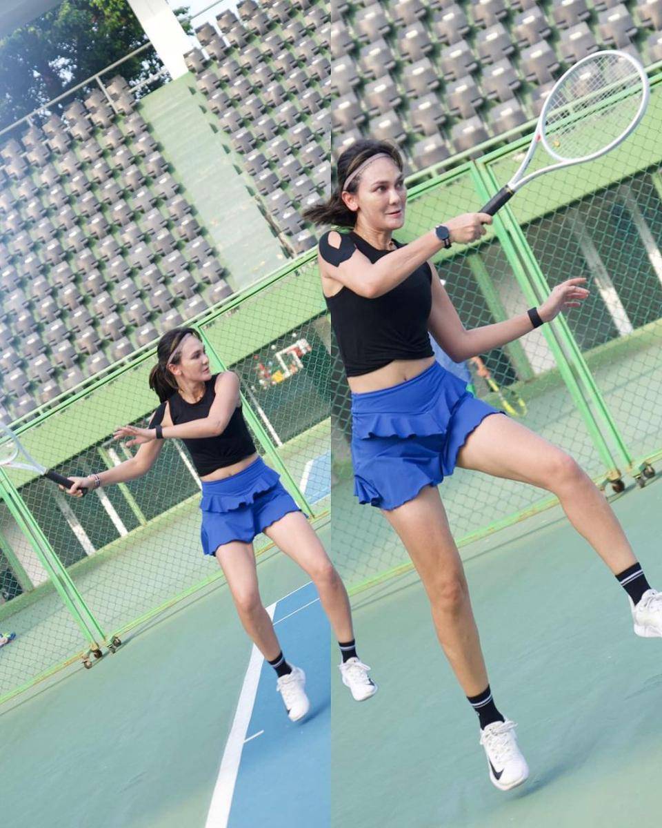 potret Luna Maya dan tim merah latihan tenis untuk sport party (instagram.com/lunamaya)