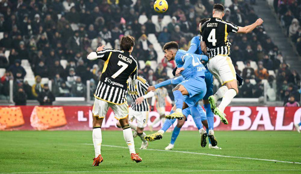 Federico Gatti (nomor punggung 4) menyundul bola ke gawang Napoli di Serie A 2023/2024. (juventus.com)
