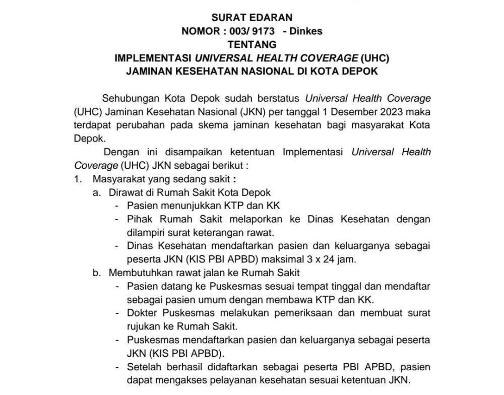 Begini Isi Surat Edaran Wali Kota Depok soal Berobat Gratis Pakai KTP