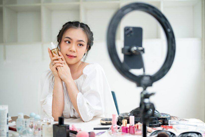 Ilustrasi beauty vlogger sedang membuat konten (Freepik.com/thanyakij-12)