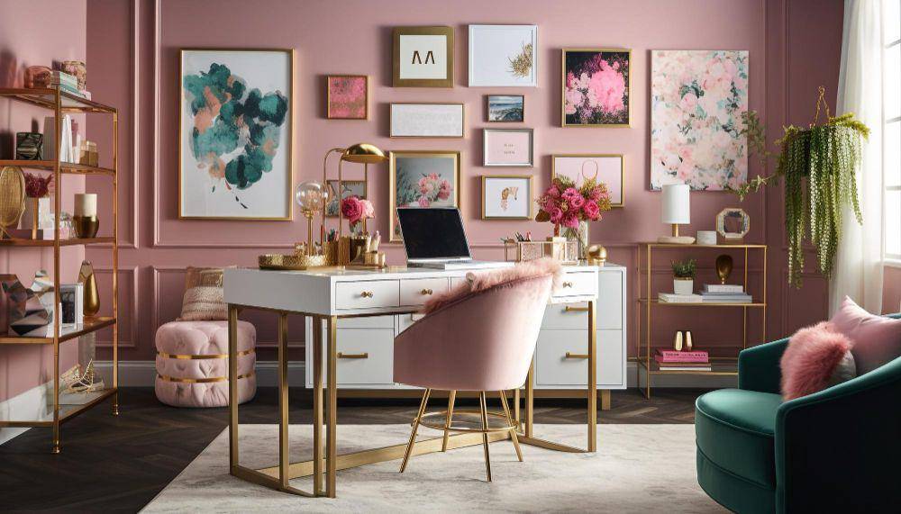 ilustrasi desain ruang kerja kontemporer nuansa pink (freepik.com/vecstock)