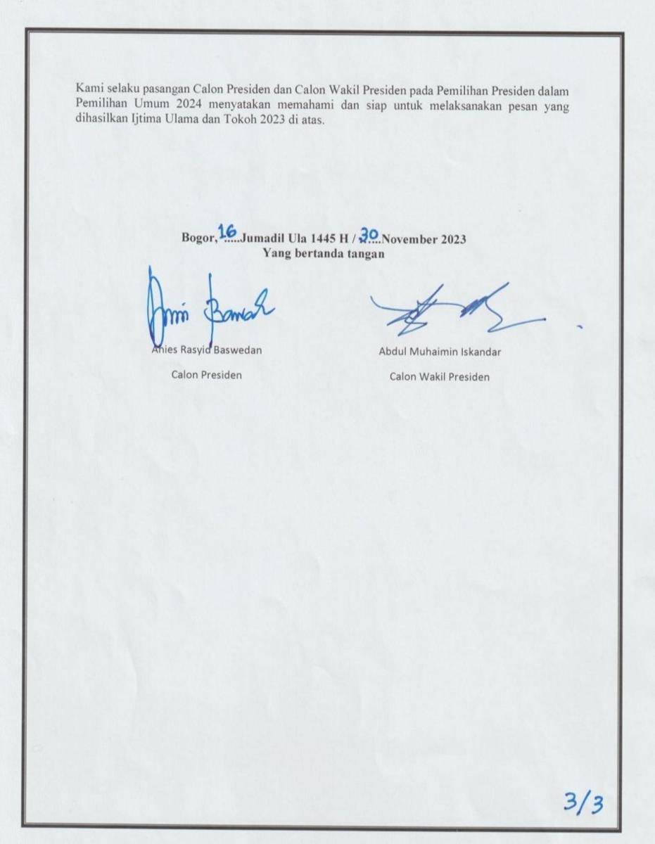 Dokumen Pakta Integritas Ijtima Ulama yang diteken oleh Anies Baswedan dan Muhaimin Iskandar. (Dokumentasi Istimewa)