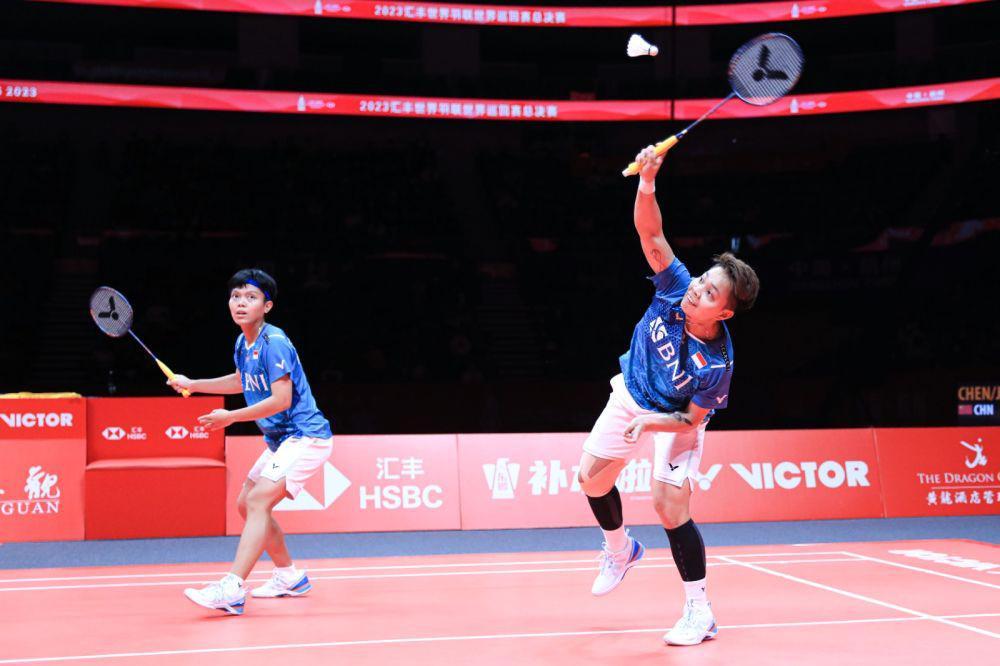 Apriyani Rahayu/Siti Fadia Silva Ramadhanti di pertandingan kedua babak kualifikasi grup BWF World Tour Finals 2023 (dok. PP PBSI)