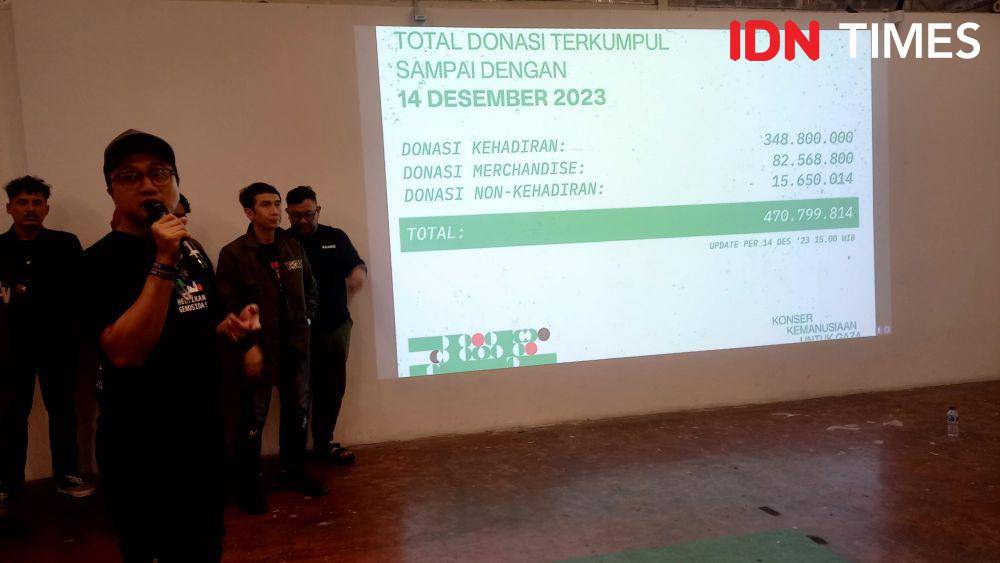 Wendi Putranto saat mempresentasikan total donasi untuk Palestina di M Bloc Space pada Jumat (15/12/2023) (IDN Times/Ines Suseno)