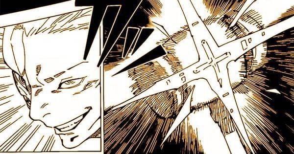 Sukuna tersenyum saat melihat Higuruma melepaskan pedang eksekusinya ( Dok. Shueisha / Jujutsu Kaisen )