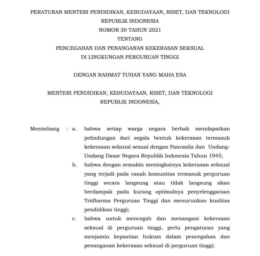 Tangkapan layar Permendikbud tentang penanganan dan pencegahan kekerasan seksual. Istimewa)