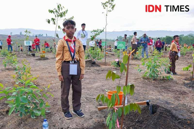 Seorang pelajar yang ikut bersama Presiden Jokowi lakukan penanaman pohon di wilayah KIPP. Foto Humas OIKN (IDN Times/Ervan)