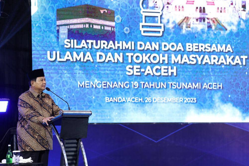 Prabowo dalam sambutannya saat menghadiri acara silaturahmi dan doa bersama ulama serta tokoh masyarakat Aceh yang digelar di Hermes Palace Hotel, Banda Aceh, Selasa (26/12/2023). (Dok. TKN Prabowo Gibran)