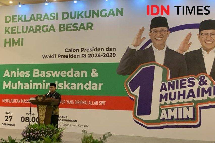 Cawapres nomor urut satu, Muhaimin Iskandar alias Cak Imin dalam acara deklarasi dukungan Keluarga Besar HMI di sebuah hotel di Jakarta Selatan. (IDN Times/Amir Faisol)