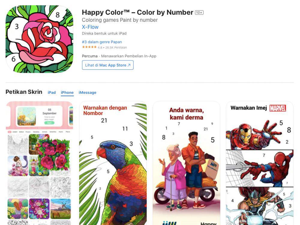 Aplikasi Happy Color, mewarnai dengan permainan urutan angka (www.apps.apple.com)