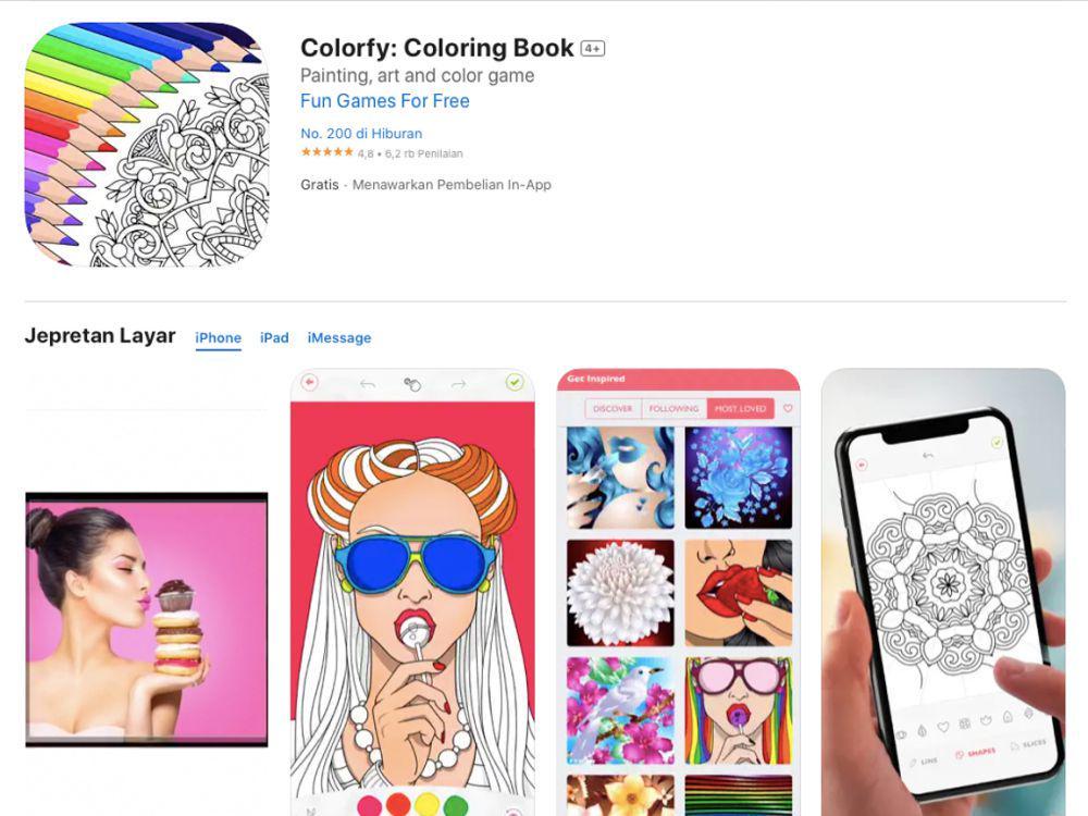 Aplikasi Colorfy yang menawarkan lebih dari 1.000 gambar (www.apps.apple.com)