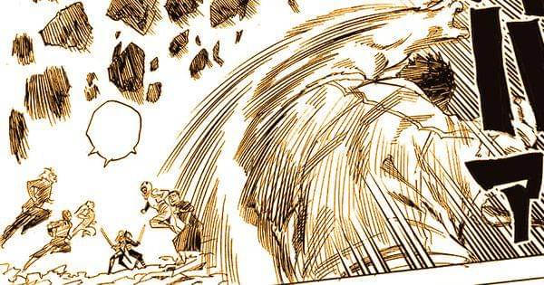 Salah satu ninja melempar bebatuan ke atas Flashy dan Sonic ( Dok. tonarinoyj.jp/One Punch Man )