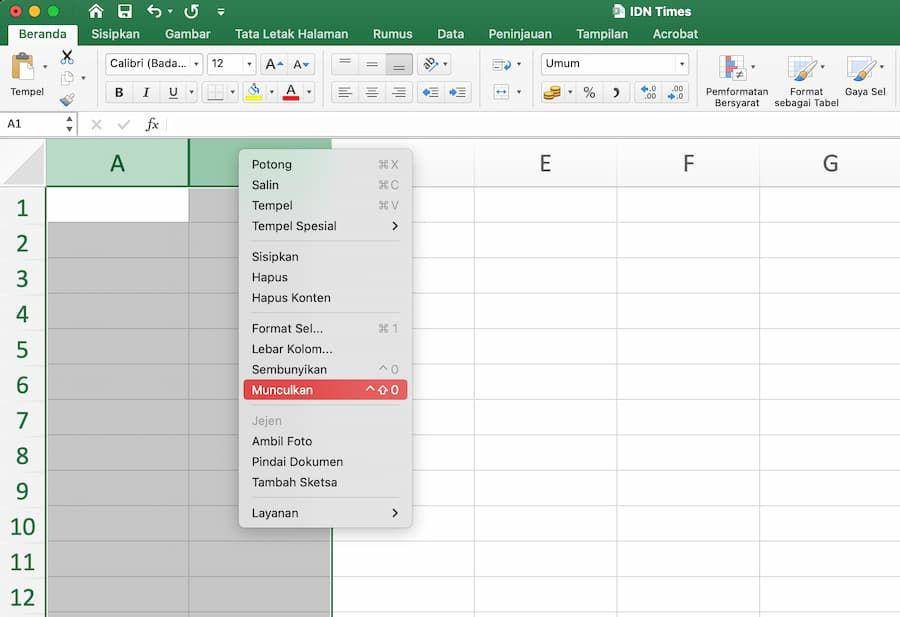 ilustrasi cara memunculkan kolom di Excel (IDN Times/Laili)