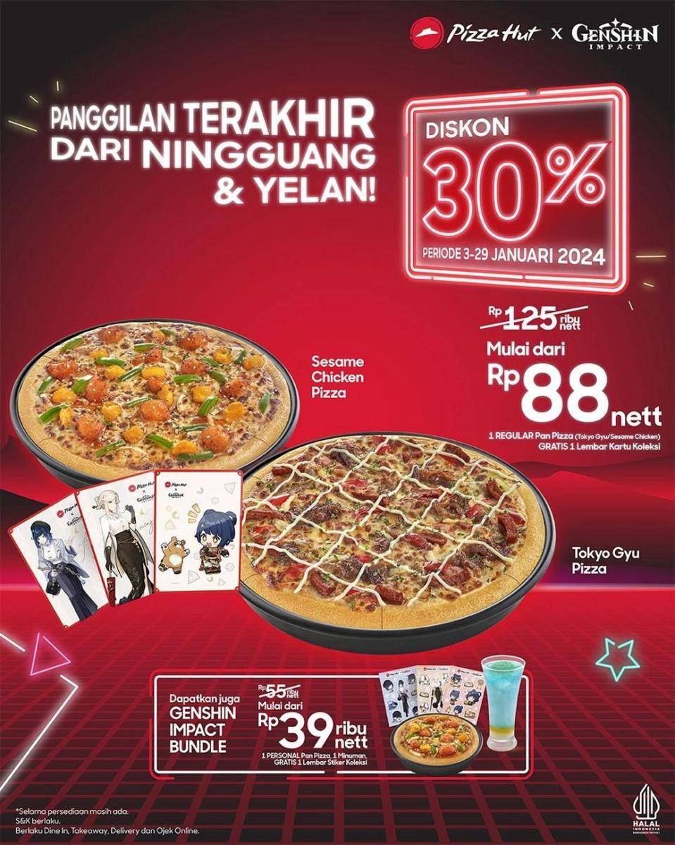 Promo Pizza Hut x Genshin Impact 2024 berupa diskon 30% dan gratis kartu koleksi (instagram.com/pizzahut.indonesia)
