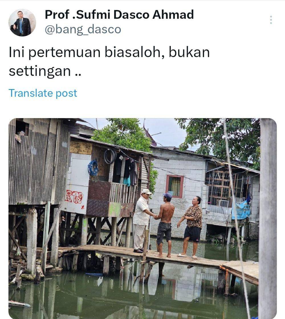 Cuitan Sufmi Dasco Ahmad soal aksi blusukan Prabowo Subianto ke Cilincing, Jakarta Utara. (www.twitter.com/@bang_dasco)