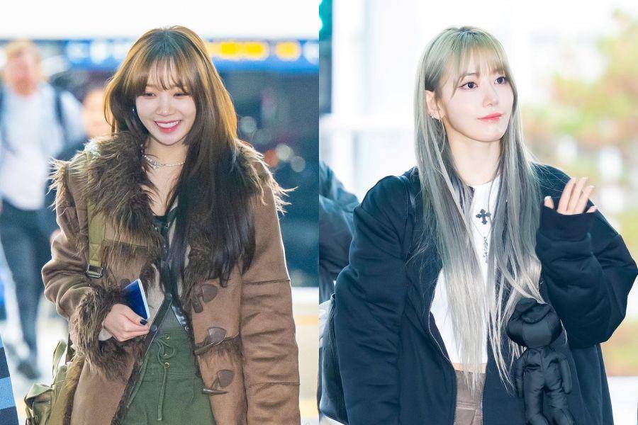 Chaewon dan Sakura LE SSERAFIM saat berangkat ke Indonesia untuk GDA 2024 (dok. OSEN)
