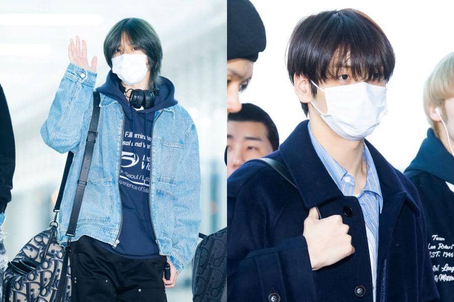 Beomgyu dan Soobin TXT saat berangkat ke Indonesia untuk GDA 2024 (dok. OSEN)