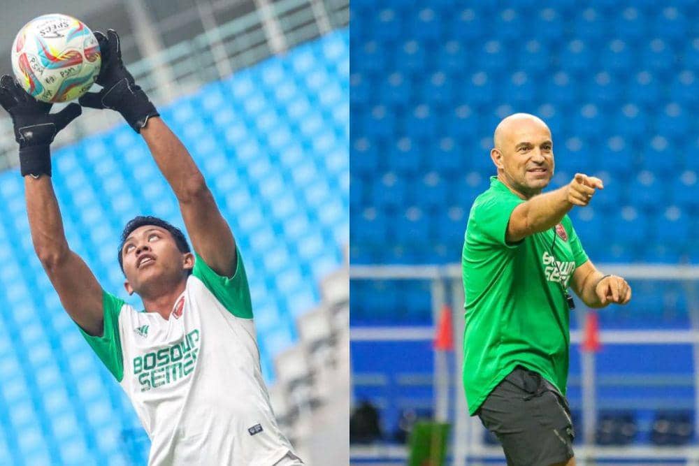 Kiper PSM Makassar Muhammad Ardiansyah (kiri) dan pelatih kepala Bernardo Tavares (kanan), dalam sesi latihan di Stadion Batakan Balikpapan pada 23 September 2023. (Instagram.com/psm_makassar)