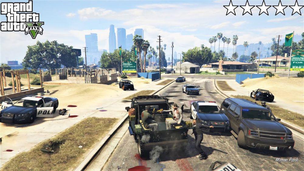 cuplikan gameplay Wanted Level tinggi yang memicu perang dengan polisi (dok. Rockstar Games/GTA V)