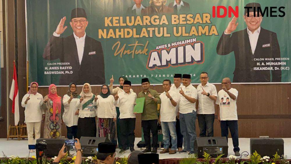 Pasangan calon presiden dan wakil presiden nomor urut 1 Anies Baswedan dan Muhaimin Iskandar atau Cak Imin (AMIN) resmi mendapatkan dukungan dari kelompok Keluarga Besar Nahdlatul Ulama, Minggu (7/1/2024) (IDN Times/Aryodamar)