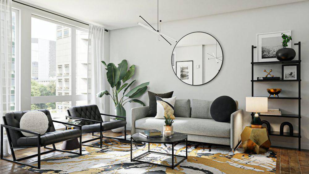 Living room dengan cermin (unsplash.com/Spacejoy)