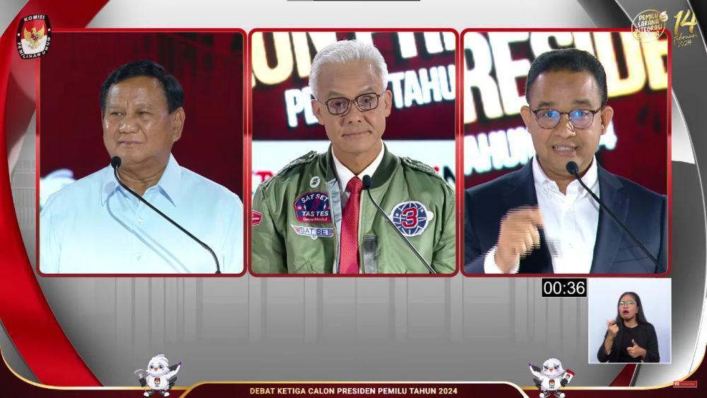 Prabowo, Ganjar, dan Anies Prabowo Subianto dalam acara Debat Ketiga Capres yang diadakan oleh KPU di Istora Senayan pada Minggu (7/1/2024). (youtube.com/KPU RI)