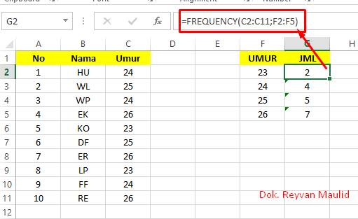 Contoh kasus pertama untuk rumus FREQUENCY Excel (dok.pribadi/Reyvan Maulid)