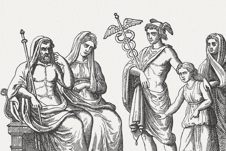 Ilustrasi ukiran kayu yang menggambarkan Hades dan Persephone, dewa Olympian di Dunia Bawah berdiskusi dengan Merkurius. (commons.wikimedia.org/August Heinrich Petiscus)
