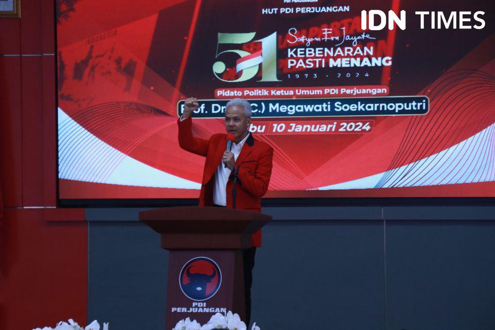 Calon Presiden Nomor Urut 3, Ganjar Pranowo, dalam acara HUT ke-51 PDIP. (IDN Times/Aditya Mustaqim)