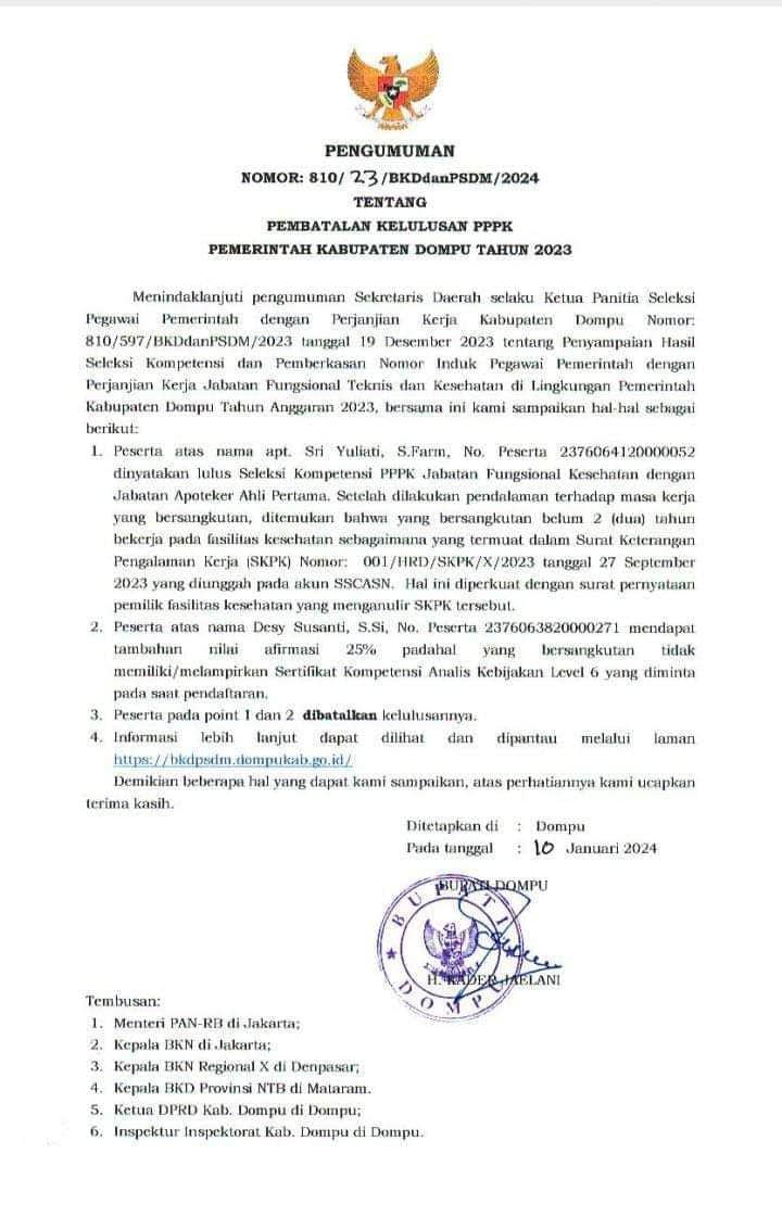 Surat keputusan pengumuman pembatalan kelulusan yang diterbitkan pemkab Dompu (Dok/Istimewa)