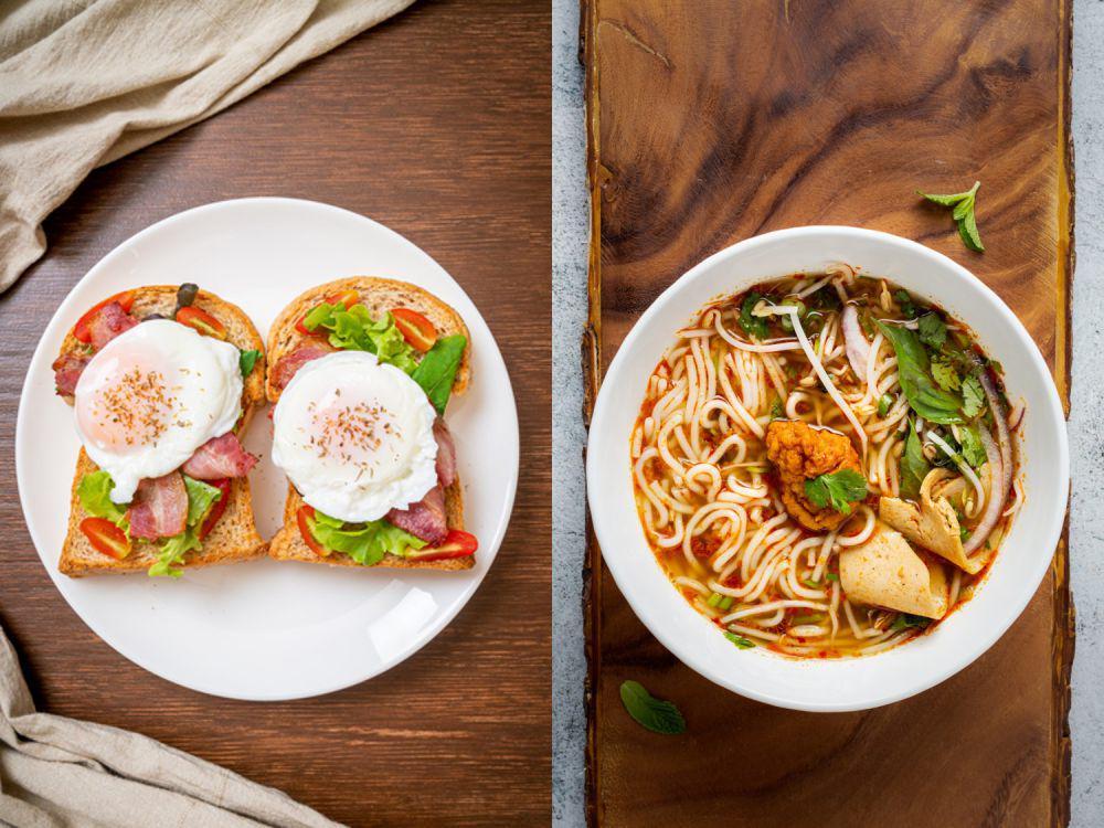 ilustrasi bread toasted dan pho (vecteezy.com/topntp26 | unsplash.com/picoftasty)
